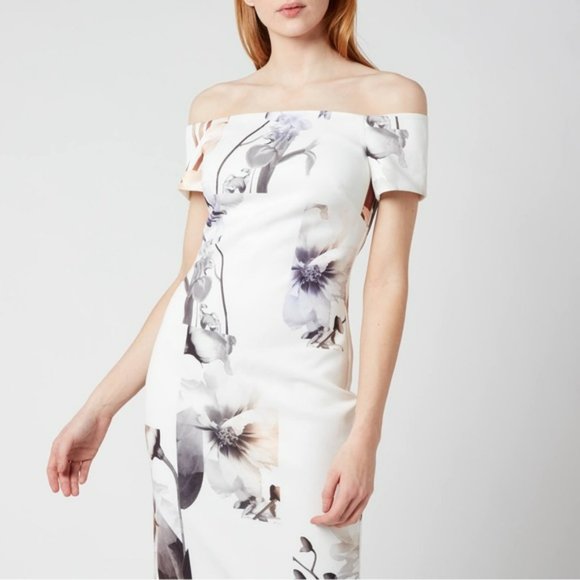 Ted Baker Sadie White Floral Off Shoulder Midi Pencil Dress NWT size 1 XS S - Picture 9 of 16